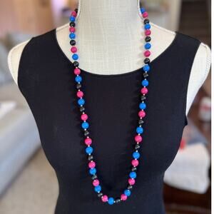 Vintage Plastic Bead Necklace – Black, Pink, Blue – 70s–80s Long Retro Strand